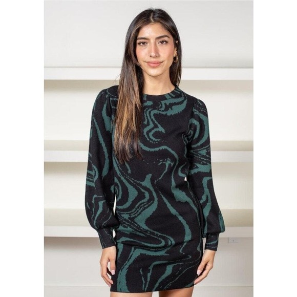 Lucy Paris Dresses & Skirts - Lucy Paris Green Black Balloon Sleeve Mini Short Sweater Long Sleeve Dress Small